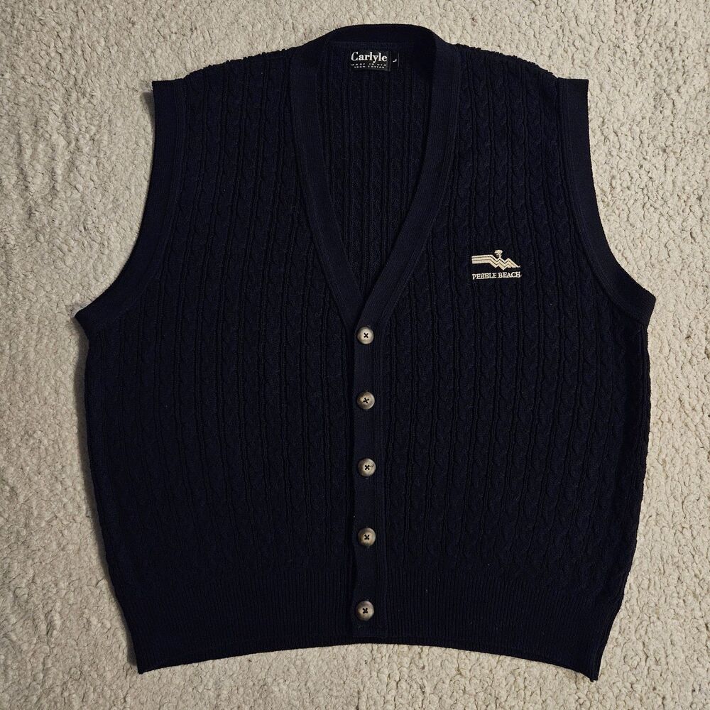 VTG 90s Sweater Vest Carlyle Pebble Beach Golf Mens L Navy Cable Knit USA Made